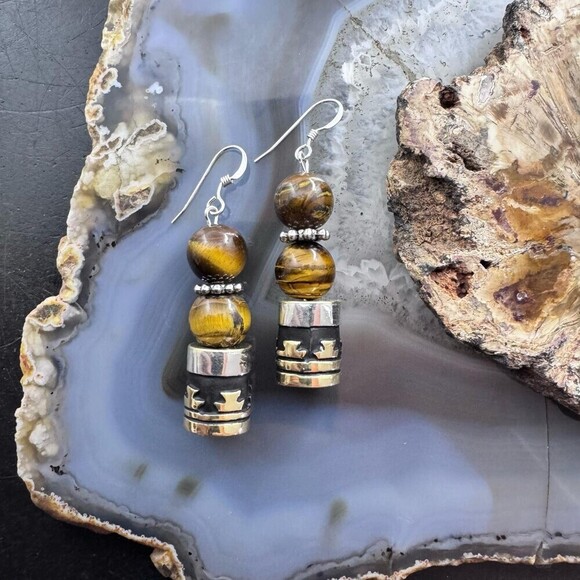 Tommy &Rosita Singer Sterling Silver Tigers Eye Bead Dangle Earrings For Women - Picture 2 of 10